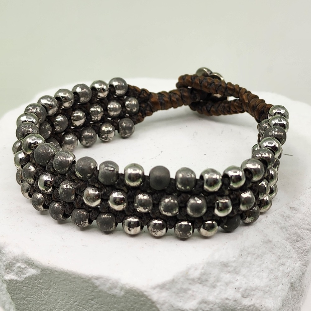 Silver Tone Beaded Brown Braided Cord Bracelet Boho Tribal Adjustable Statement